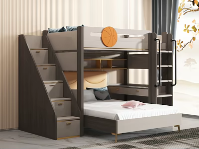 Modern Bunk Bed With Staircase Storage Drawers Desk And Gray Mattress 3d model