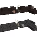 Dark Leather L Shaped Sectional Sofa with Multiple Cushions and Side Tables 3d model