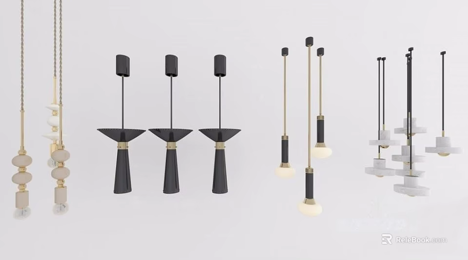 Modern Chandeliers With Black Gold Elements And Various Hanging Pendant Designs 3d model