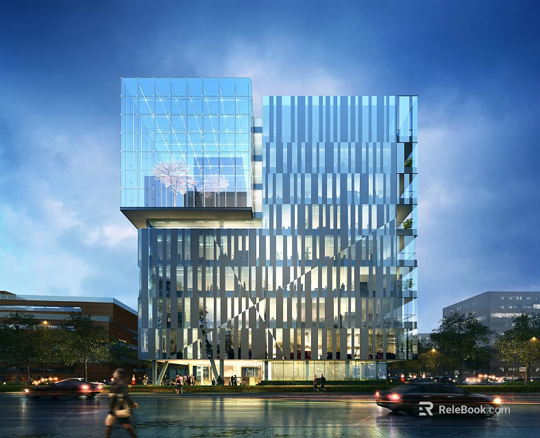 Modern High Rise Office Building With Glass Curtain Wall Metal Stripes Lighting And Trees 3d model 