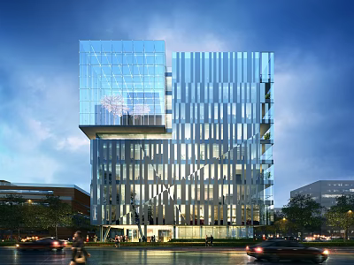 Modern High Rise Office Building With Glass Curtain Wall Metal Stripes Lighting And Trees 3d model