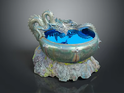Ornate Dragon Decorated Water Basin With Blue Water And Rock Base 3d model