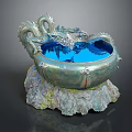 Ornate Dragon Decorated Water Basin With Blue Water And Rock Base