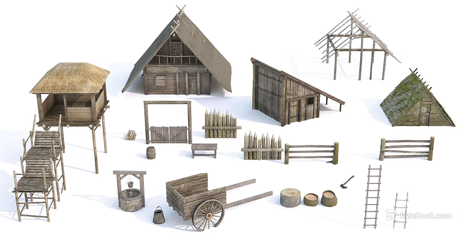 Traditional Rustic Wooden House Structures With Fences Cart Well Barrels And Ladder 3d model 