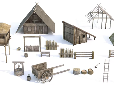 Traditional Rustic Wooden House Structures With Fences Cart Well Barrels And Ladder 3d model