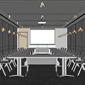 Modern Conference Room Interior With Long Table Projection Screen Gray Walls And Chairs
