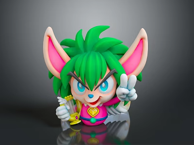 Cute Animated Game Character With Green Hair Pink Ears Blue Eyes And Hourglass 3d model