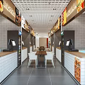 Modern Restaurant Interior With Multiple Food Stalls Cashier Counters And Tables Chairs
