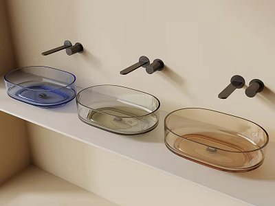 Colorful Glass Washbasins on White Shelf with Wall Mounted Black Faucet Handles 3d model