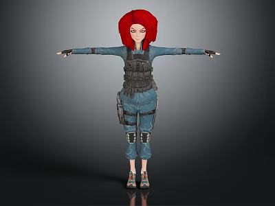 3D Character With Red Hair Blue Overalls And Black Tactical Vest Arms Outstretched Gray Background 3d model