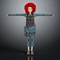 3D Character With Red Hair Blue Overalls And Black Tactical Vest Arms Outstretched Gray Background
