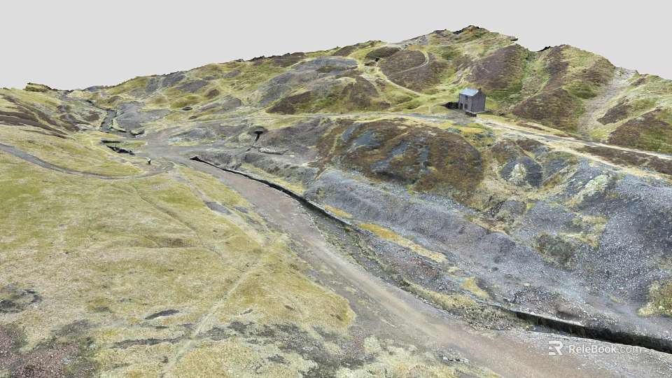 Scenic Landscape with Rolling Hills Green Grass and Dirt Path Leading to Small Cabin 3d model 