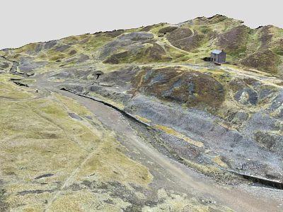 Scenic Landscape with Rolling Hills Green Grass and Dirt Path Leading to Small Cabin 3d model