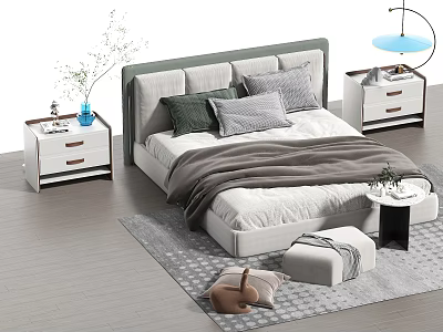 Modern Double Bed With Gray Headboard Green Gray Pillows Gray Blanket Nightstands And Rug 3d model