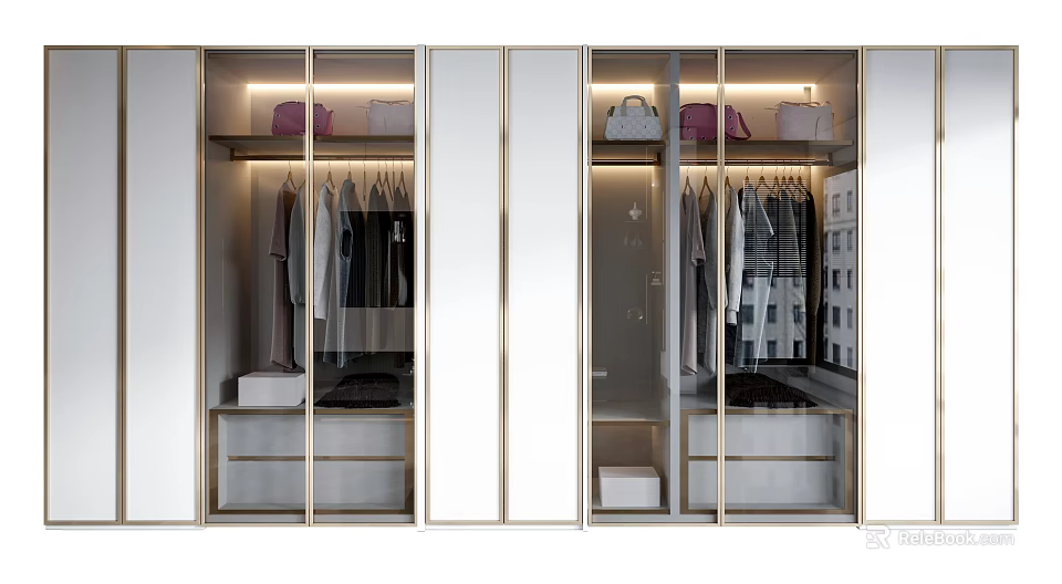 Modern Wardrobe With Glass Doors Gold Trim Hanging Rails And Storage Drawers 3d model 