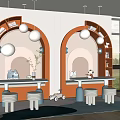 Kids Room Interior with Double Desks Orange Bookshelves Round Pendant Lights and Blue Rug