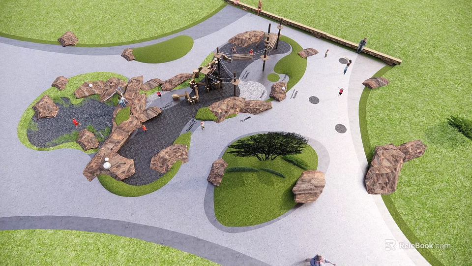 Natural Landscape Garden Design With Green Lawns Rock Features And Paved Paths 3d model 