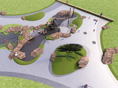 Natural Landscape Garden Design With Green Lawns Rock Features And Paved Paths 3d model