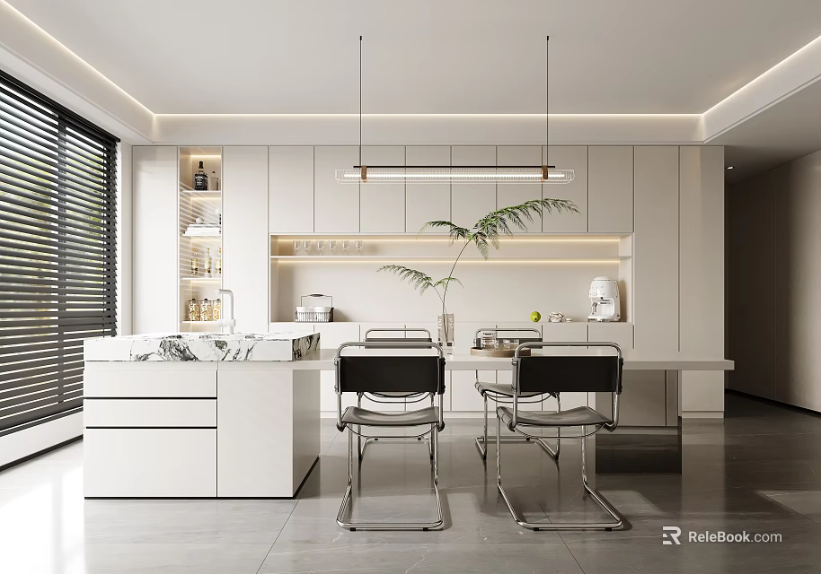 Modern Open Kitchen Interior Design With White Cabinets Island Counter And Pendant Lights 3d model 