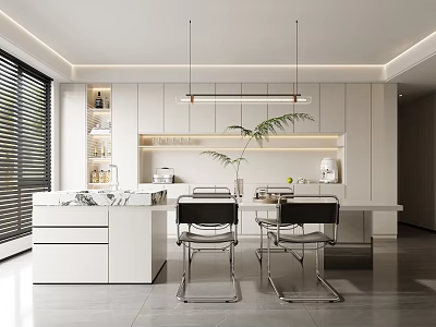 Modern Open Kitchen Interior Design With White Cabinets Island Counter And Pendant Lights 3d model
