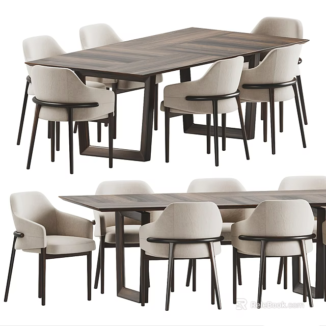 Modern Minimalist Dining Table Set With Wooden Top Upholstered Chairs And Metal Legs 3d model 