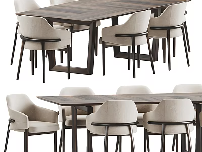 Modern Minimalist Dining Table Set With Wooden Top Upholstered Chairs And Metal Legs 3d model