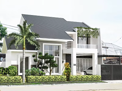 Detached Villa With Black Roof White Exterior Walls Palm Tree And Front Green Plants 3d model