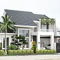 Detached Villa With Black Roof White Exterior Walls Palm Tree And Front Green Plants
