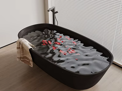 Black Bathtub With Rose Petals And Water In Modern Bathroom With Towel And Blinds 3d model