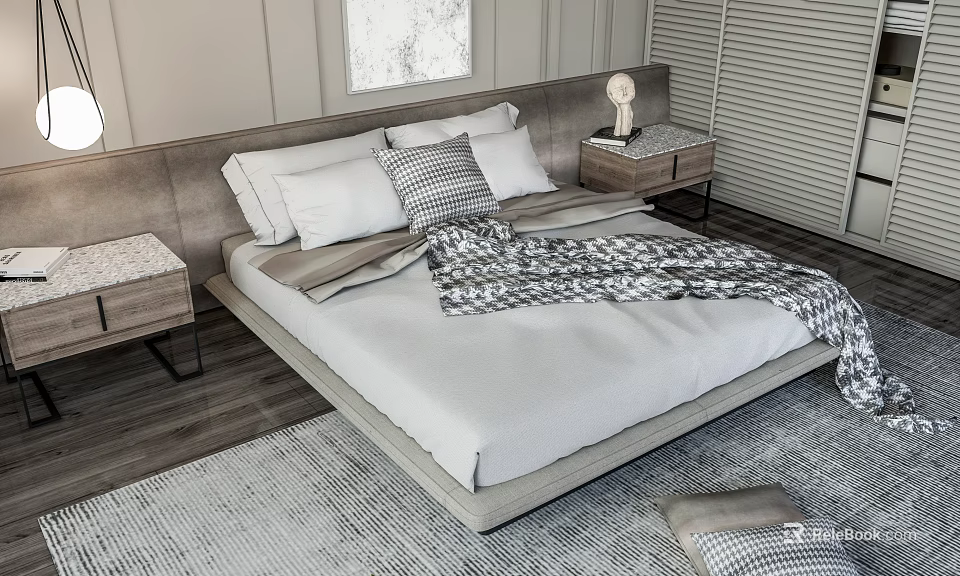Stylish Double Bed With White Bed Linens Patterned Blanket Pillows And Marble Nightstands 3d model 