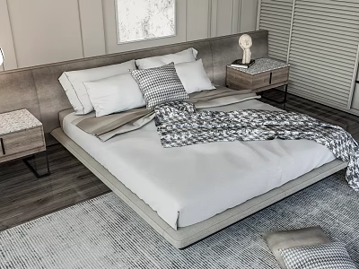 Stylish Double Bed With White Bed Linens Patterned Blanket Pillows And Marble Nightstands 3d model