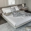 Stylish Double Bed With White Bed Linens Patterned Blanket Pillows And Marble Nightstands
