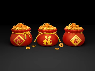 Three Red Fortune Bags Filled With Gold Coins Featuring Chinese Fu Characters And Scattered Coins 3d model