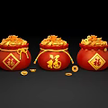 Three Red Fortune Bags Filled With Gold Coins Featuring Chinese Fu Characters And Scattered Coins