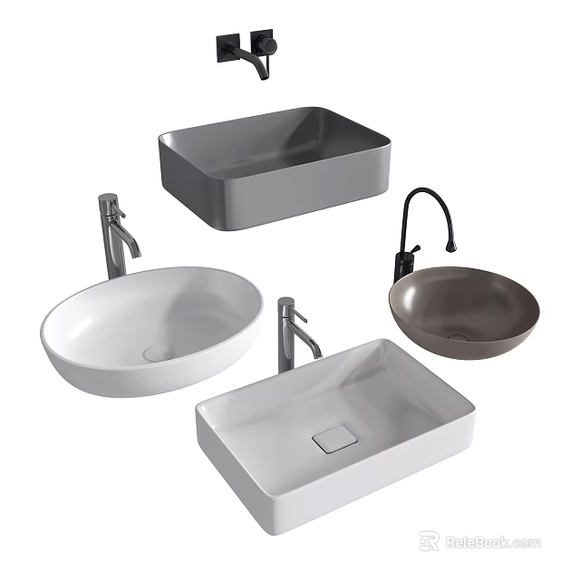 Modern Bathroom Washbasins in Various Shapes Colors and Stylish Faucets 3d model 