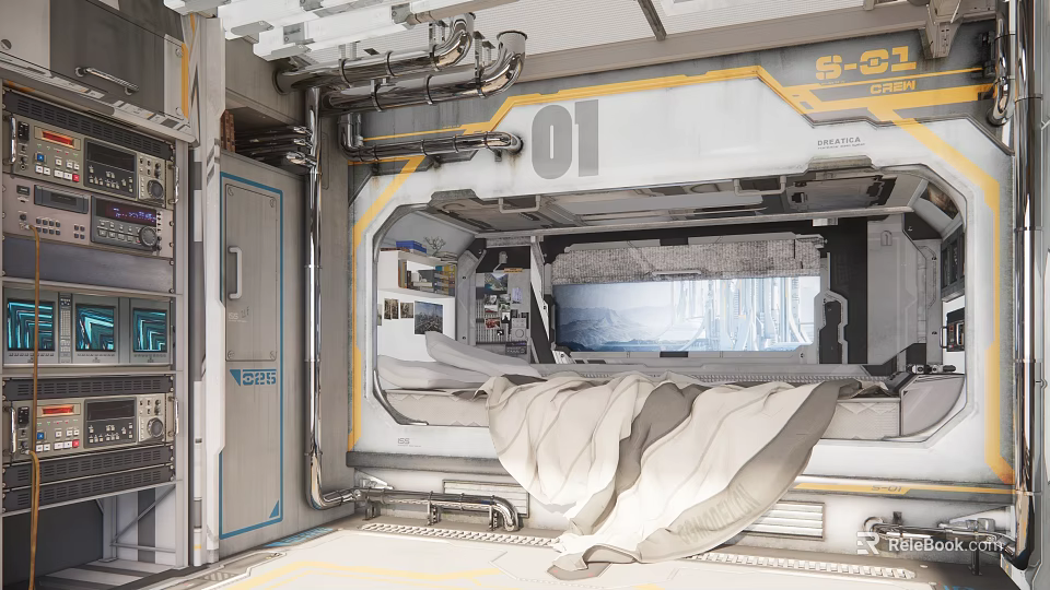 Futuristic Tech Hotel Room with Metallic Industrial Style Large Window Advanced Control Panel Number 01 3d model 