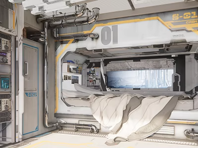 Futuristic Tech Hotel Room with Metallic Industrial Style Large Window Advanced Control Panel Number 01 3d model