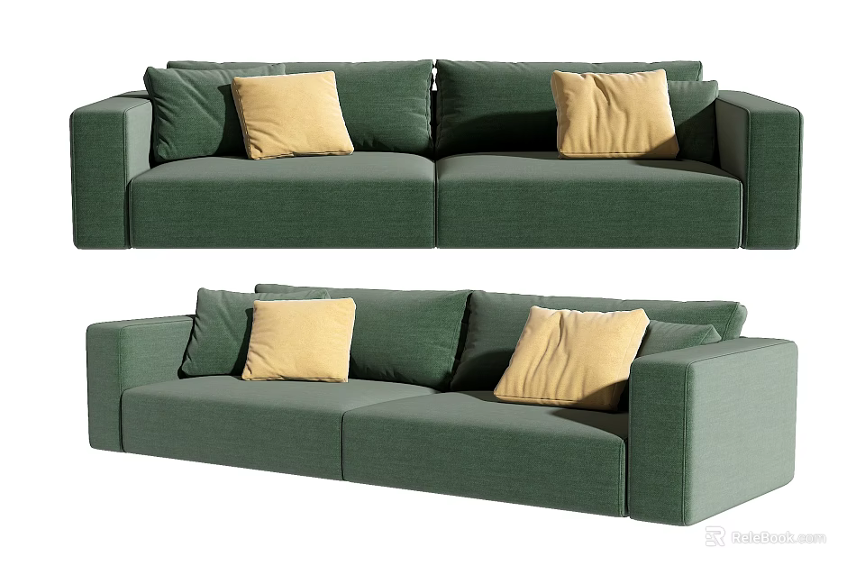 Comfortable Modern Green Fabric Two-Seater Sofa With Yellow Decorative Pillows 3d model 