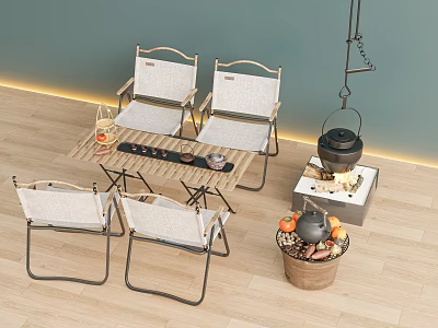 Modern Camping Tea Set Encircling Stove for Making Tea Outdoor Table and Chair Fishing Pot Fibrazier 3d model