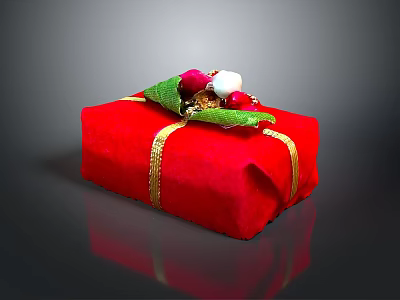 Red Gift Box With Gold Ribbon And Decorative Red White Berries Green Leaves 3d model