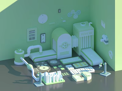 Detailed Green Industrial Mechanical Miniature Models With Pipes And Building Decor 3d model