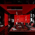Luxury Modern KTV Lounge With Red Interior Sofa Coffee Table And Black White Posters