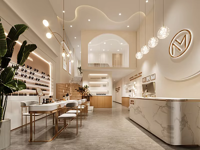 Modern Beauty Salon Interior Design With Marble Reception Desk Pendant Lights And Green Plants 3d model