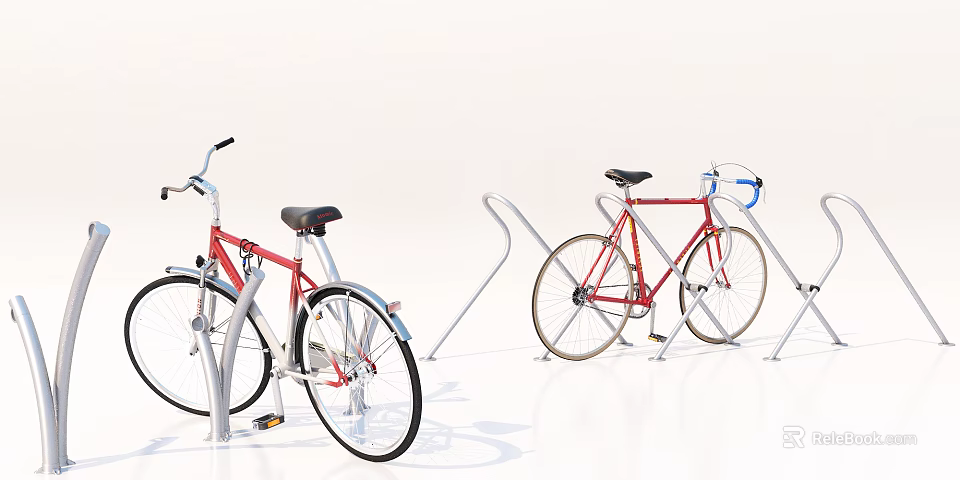 Red Bicycles Parked At Modern Bike Rack With Secure Metal Stands 3d model 