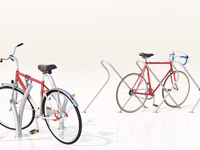 Red Bicycles Parked At Modern Bike Rack With Secure Metal Stands 3d model