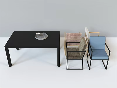 Modern Dining Table Set With Black Table Silver Tray And Three Accent Chairs 3d model