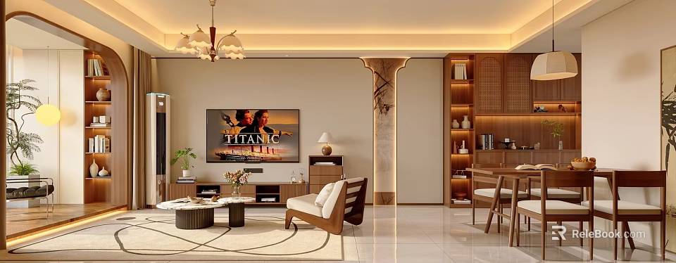 Modern Elegant Living Dining Room With Chandelier TV Sofa Coffee Table And Dining Chairs 3d model 