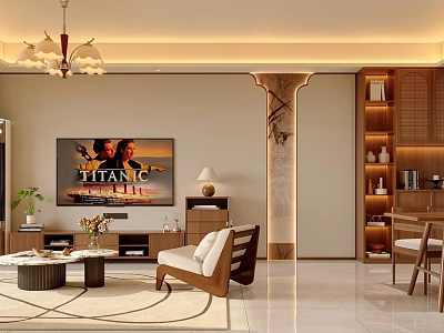 Modern Elegant Living Dining Room With Chandelier TV Sofa Coffee Table And Dining Chairs 3d model