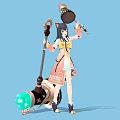 Standing Woman in Orange White Traditional Dress Holding Staff and Katana on Blue Background