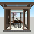 Chinese Style Wooden Pavilion Interior With Lattice Doors Wooden Table And Cherry Blossom Tree